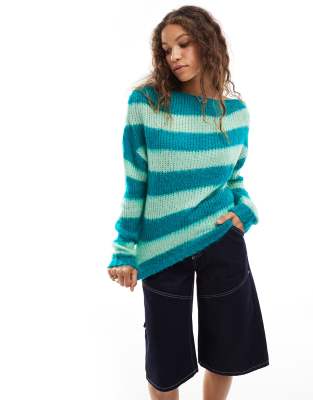 tonal greens chunky stripe brushed knit sweater