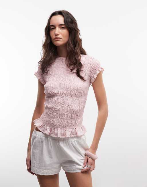 Daisy Street - Top a maniche corte arricciato rosa a quadri misti, 4 di 4