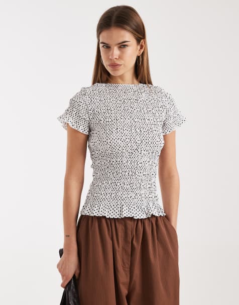 Daisy Street - Top a maniche corte nero a pois con arricciature - view 1