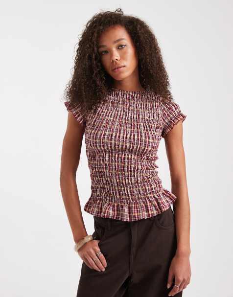 Daisy Street - Top a maniche corte rosso a quadri con arricciature - view 1