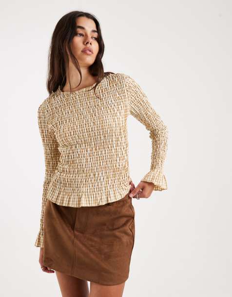 Daisy Street - Top a maniche lunghe arricciato beige a quadri - view 1