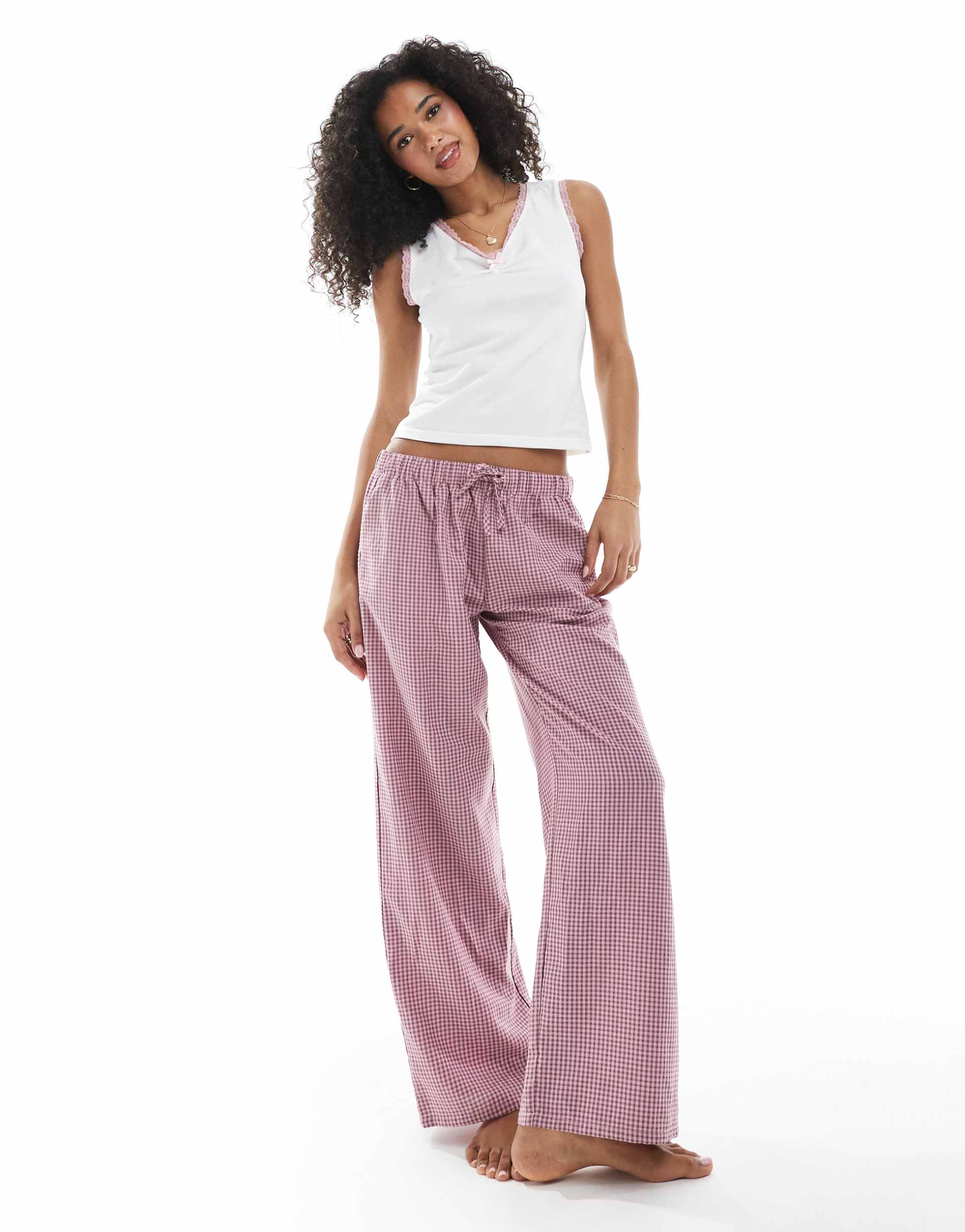 daisy street top and pants pajama set in pink gingham