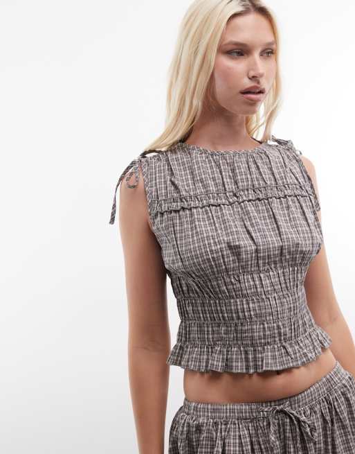 Daisy Street - Top arricciato marrone a quadri con volant in coordinato, 2 di 4