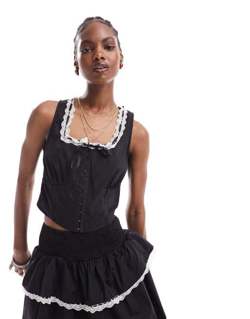 Daisy Street - Top corset d'ensemble style champêtre à bordures dentelle - Noir