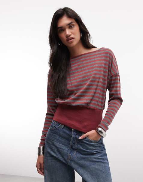 Daisy Street top corto con vita stretta a righe rosse e grigie - view 1