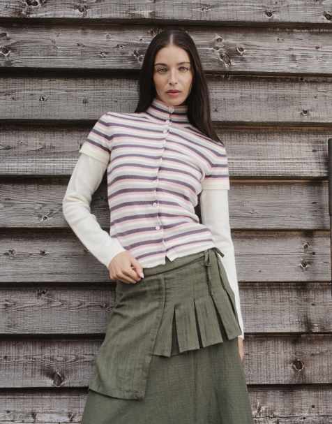 Daisy Street - top de punto de doble capa con cuello alto y botones, a rayas multicolor - view 1