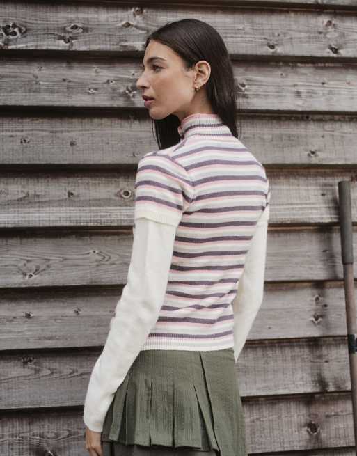 Daisy Street - top de punto de doble capa con cuello alto y botones, a rayas multicolor, 4 de 4