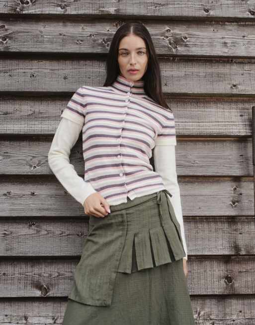 Daisy Street top en maille à double épaisseur, col montant, boutonné, à rayures multicolores, 1 de 4