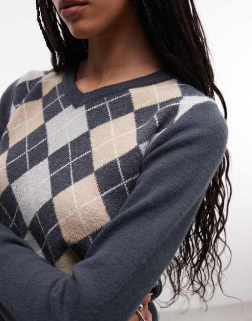 Daisy Street - Top en maille fine à motif losanges avec col V - Gris, 3 de 4