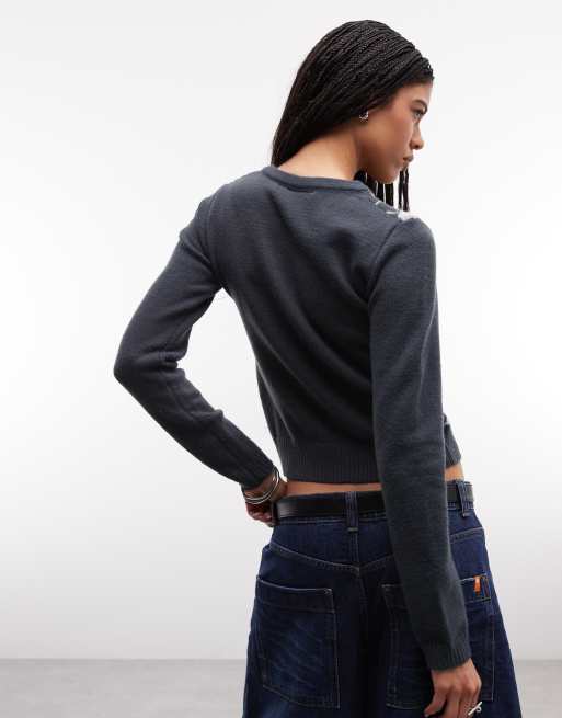 Daisy Street - Top en maille fine à motif losanges avec col V - Gris, 4 de 4