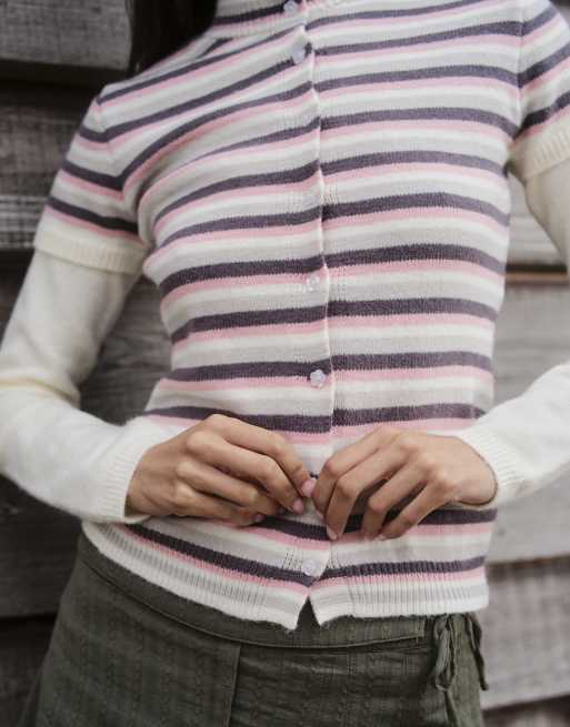 Daisy Street top in maglia a doppio strato con collo alto e bottoni, a righe multicolore, 3 di 4