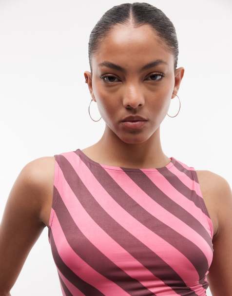 Daisy Street - Top rosa a rayas marrones sin mangas ceñido de punto - view 1