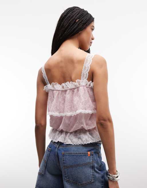 Daisy Street - Top rosa de estilo boho con volantes y lazo de encaje, 4 de 4
