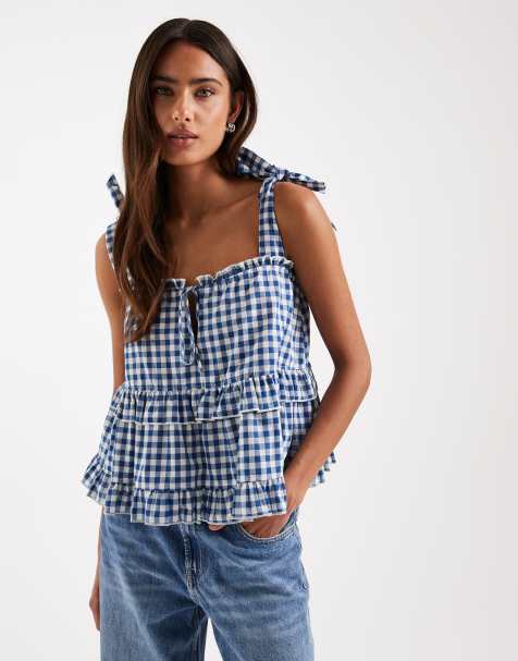 Daisy Street - Top smocké à carreaux vichy avec bretelles nouées - Bleu marine - view 1