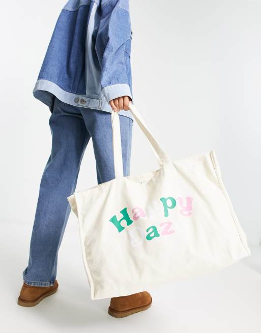 Daisy Street - Tote-taske med 'Happy Daze'-print i denim