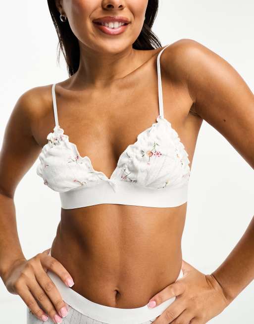 Daisy Street – Triangel-BH aus Pointelle-Spitze in Weiß mit Blümchenmuster und gerafftem Saum