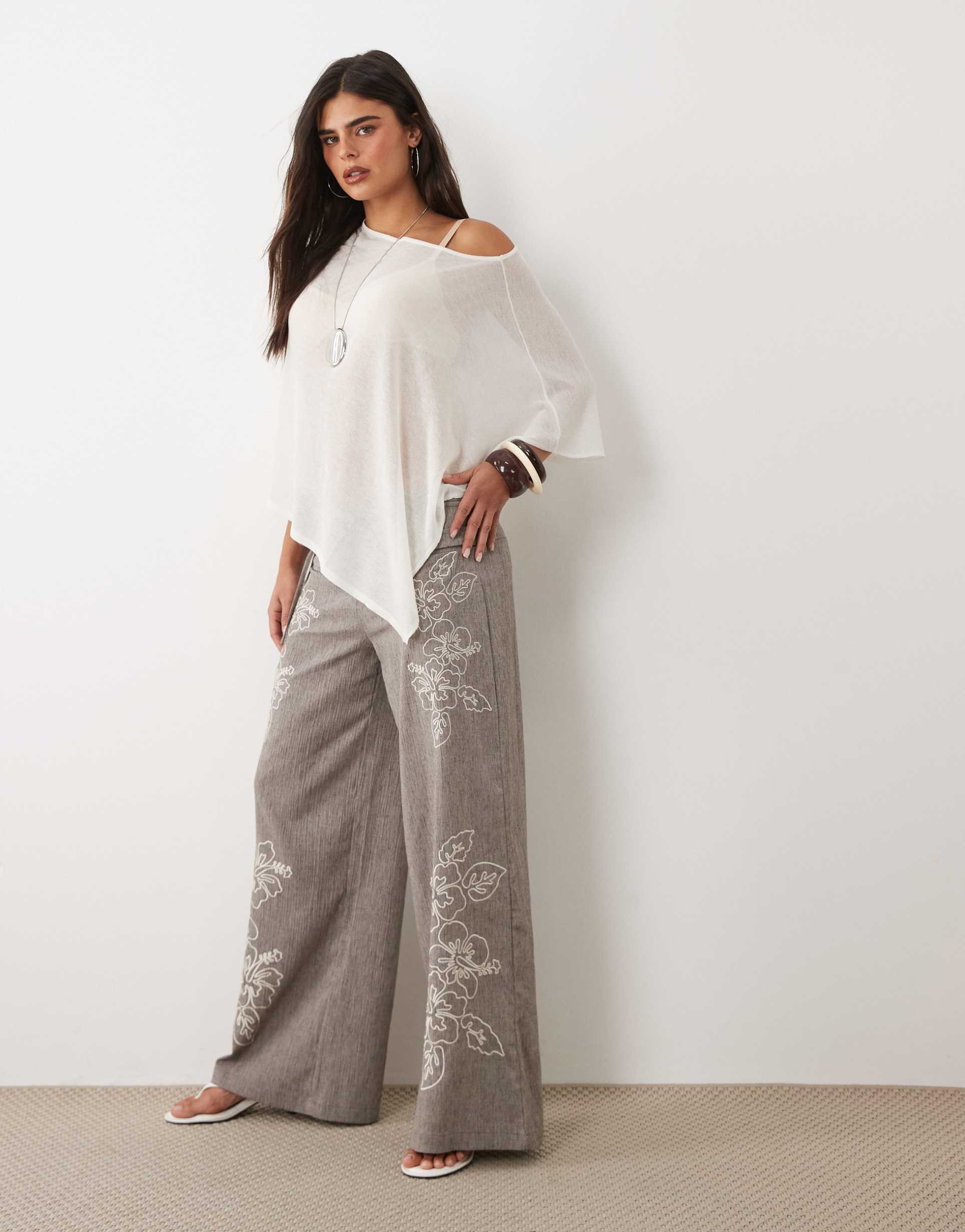 daisy street turn over wide leg pants with floral embroidery in brown