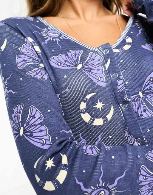 Daisy Street - Tuta corta pigiama blu navy a coste con stampa, 3 di 4