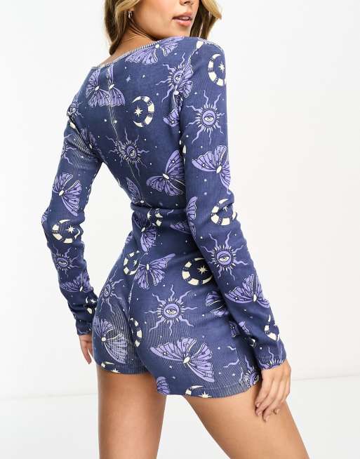 Daisy Street - Tuta corta pigiama blu navy a coste con stampa, 4 di 4