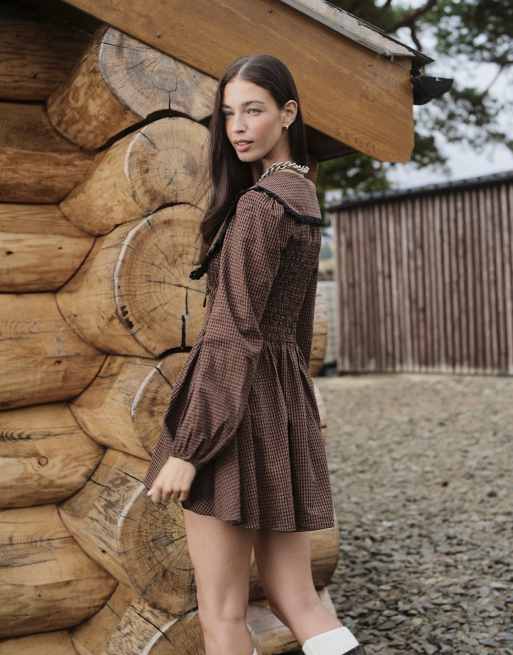 Daisy Street v neck big collar mini dress with puff sleeve in brown orange check, 3 of 4