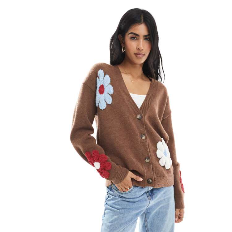 Daisy Street v neck cardigan with flowers in brown multi | ASOS