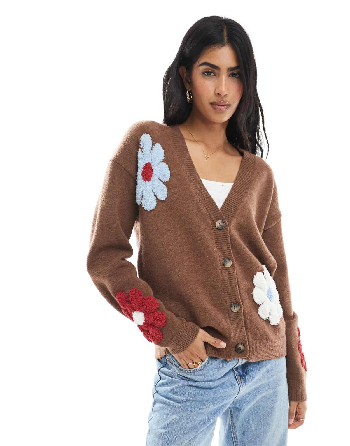 Daisy Street v neck cardigan with flowers in brown multi