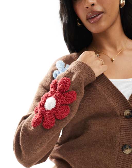 Daisy Street v neck cardigan with flowers in brown multi, 3 of 4