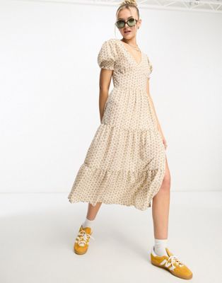 Daisy Street V-neck midi tea dress in cream ditsy-Neutral