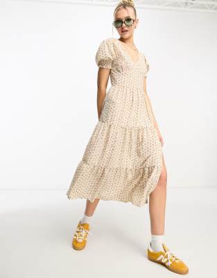 V-neck midi tea dress in cream ditsy-Neutral