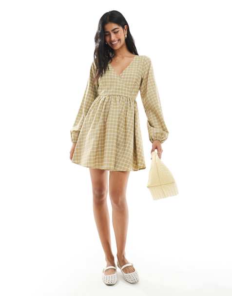 Daisy Street v neck mini dress in green check - view 1