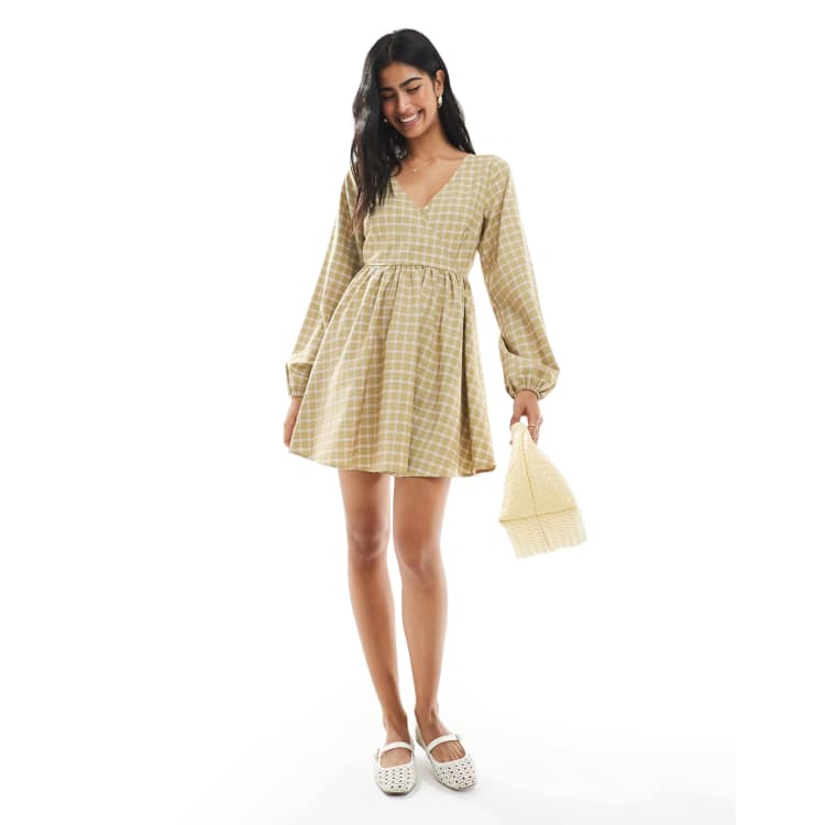 Daisy Street v neck mini dress in green check | ASOS