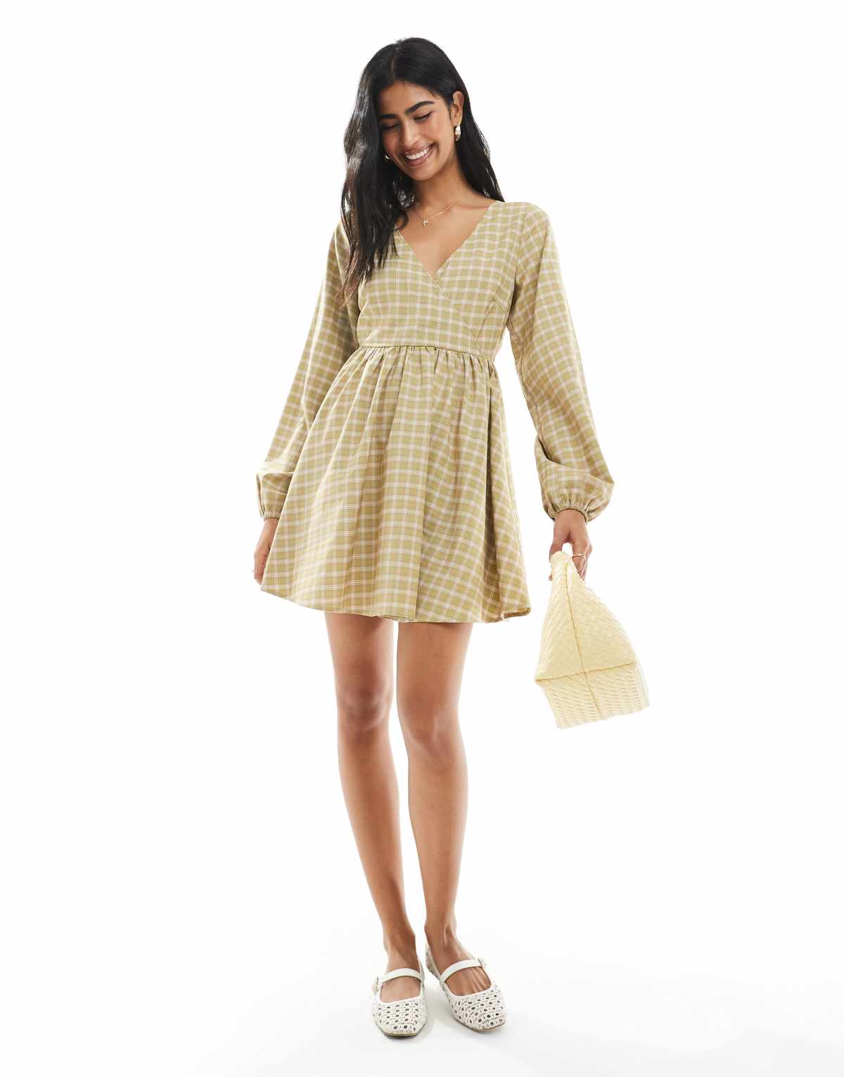 Daisy Street v neck mini dress in green check