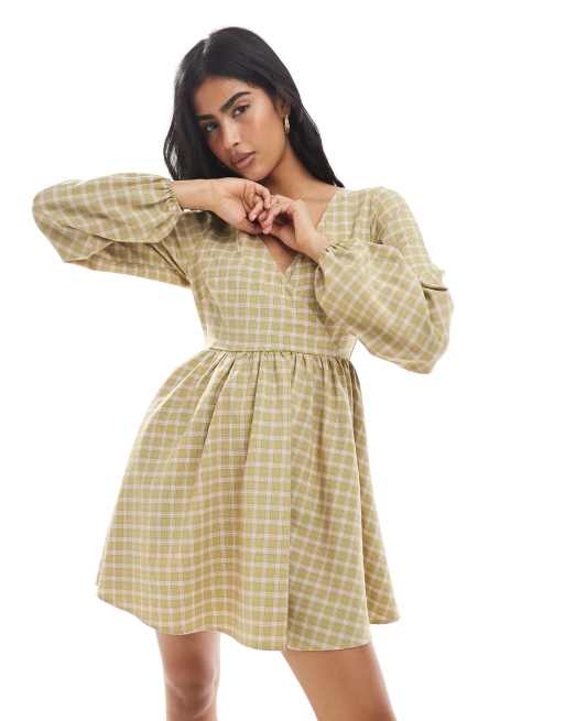 Daisy Street v neck mini dress in green plaid, 2 of 4