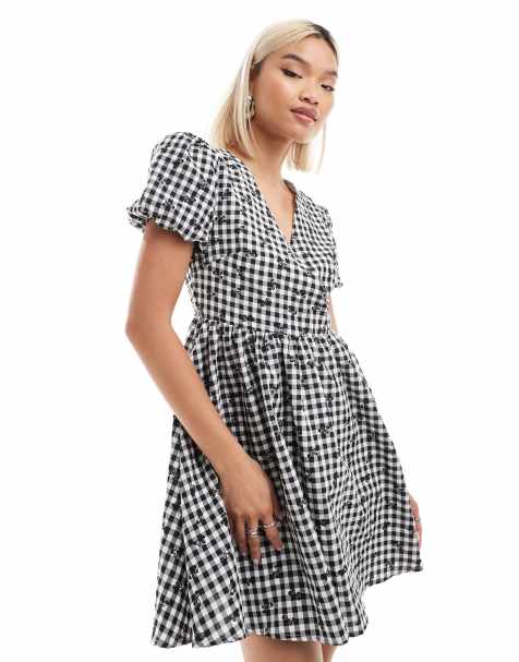 Daisy Street v neck mini smock dress in bow detail mono gingham - view 1