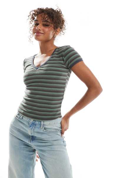 Daisy Street v neck short sleeve baby tee in brown and khaki green stripes - view 1