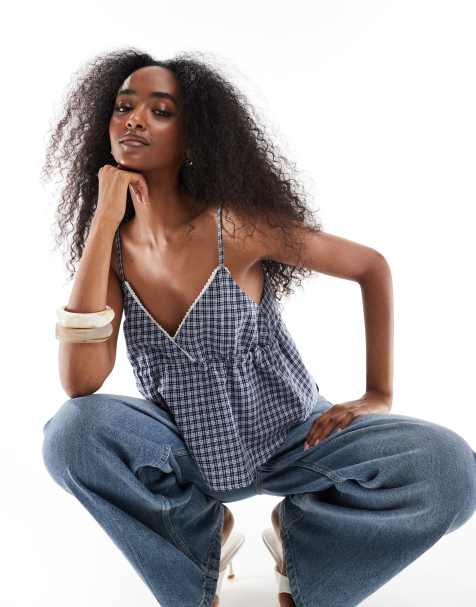 Daisy Street v neck smock top in navy check - view 1