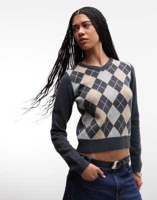 Daisy Street V-neck Thin Knit Argyle Top In Gray