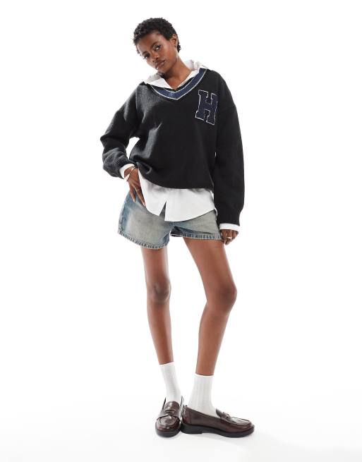 Daisy Street v neck varsity knitted jumper with frayed hem, 2 of 4