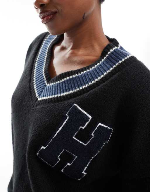 Daisy Street v neck varsity knitted jumper with frayed hem, 3 of 4