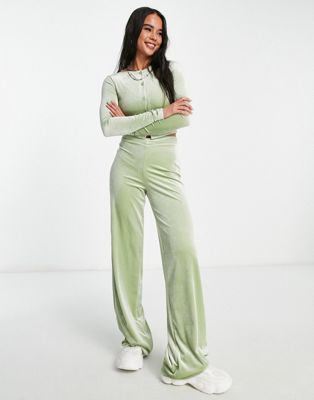 Daisy Street v waist fitted trousers in stretch velvet sage co-ord