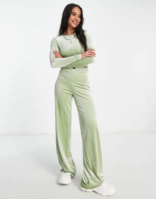 Daisy Street v waist fitted trousers in stretch velvet sage co-ord | ASOS