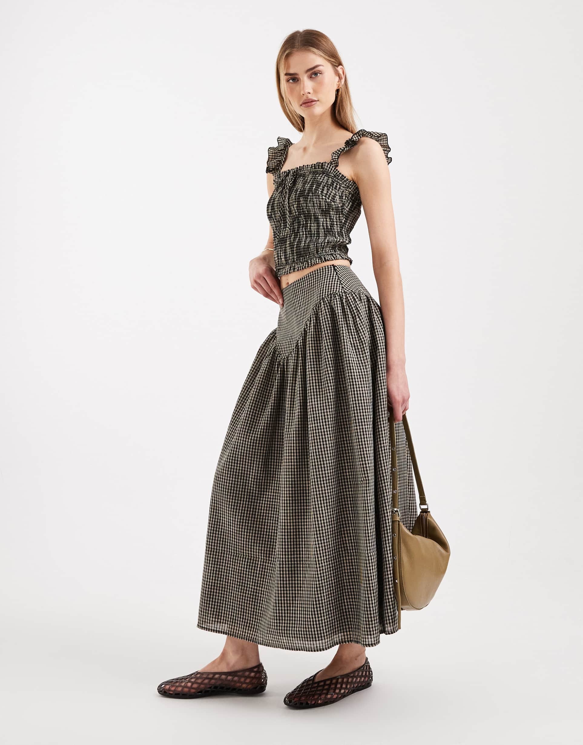 daisy street v waist midaxi skirt in beige black gingham plaid - part of a set