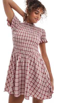 Daisy Street Daisy Street v waist shirred short sleeve mini dress in red check-Multi