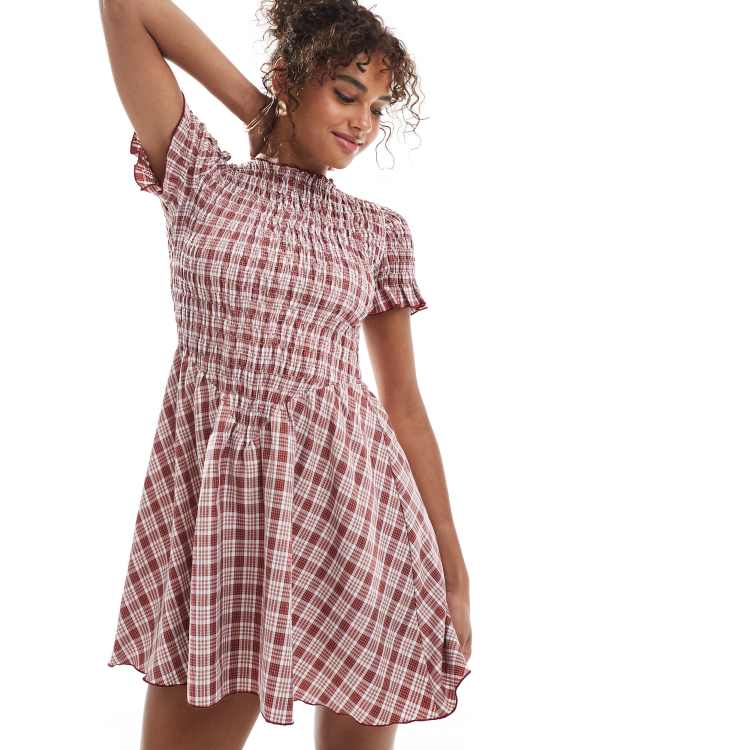 Daisy Street v waist shirred short sleeve mini dress in red plaid | ASOS