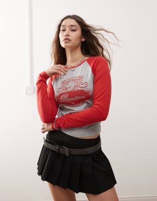 Daisy Street Varsity Tiger Print Contrast Red Sleeve Baby Tee