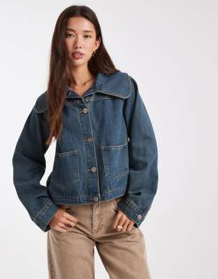 Daisy Street - Verwaschene Jeansjacke in Blau mit Oversize-Kragen