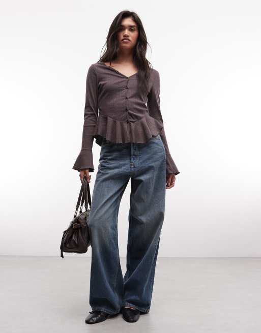Daisy Street vest met knoopsluiting en ruches in chocoladebruin, 3 van 4