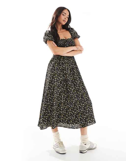 Daisy Street - Vestito con gonna al polpaccio a fiori con maniche a sbuffo e laccio sul davanti