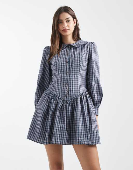 Daisy Street - Vestito corto aderente con vita scesa e colletto appariscente blu a quadri, 4 di 4