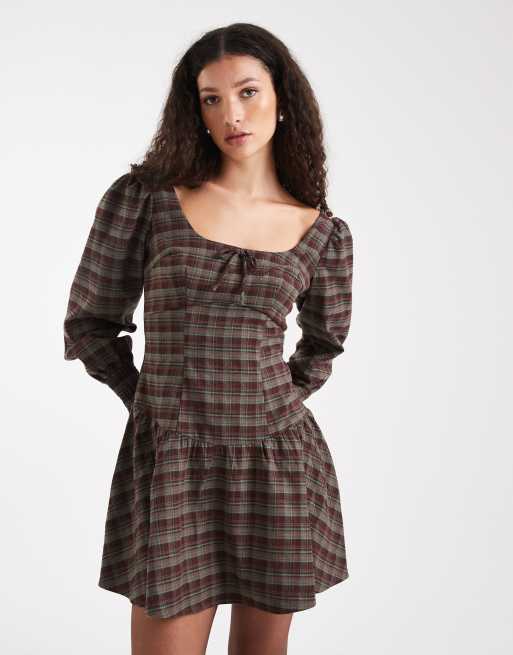 Daisy Street - Vestito corto bordeaux e navy a quadri con vita scesa e maniche voluminose, 4 di 4